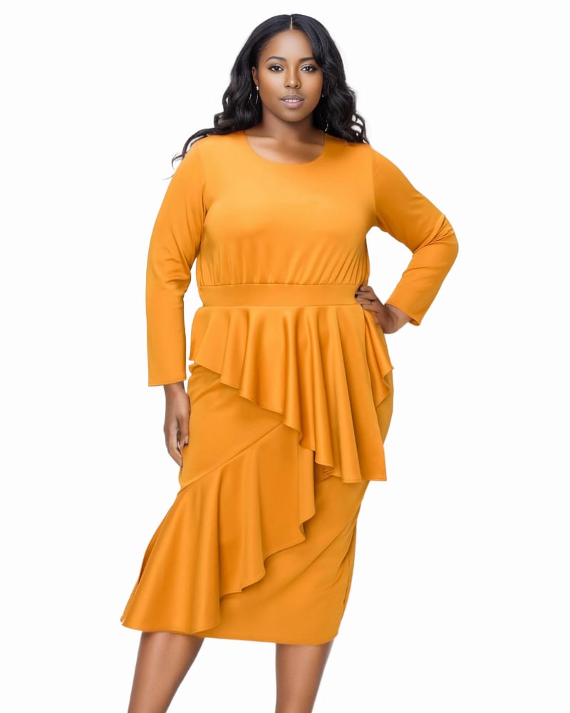 Front of a model wearing a size 3X Alexandra Ruffled Bodycon Dress in Mustard by L I V D. | dia_product_style_image_id:315884